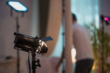 Professional cinema lamps with continuous light standing in the movie plan 