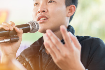 Seminar Conference Concept: Smart businessman speech and speaking with microphones in seminar room...