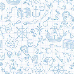 Seamless illustration of the topic of piracy and sea travel outline icons, blue  contour  icons on the clean writing-book sheet in a cage