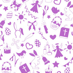 Seamless pattern with simple contour icons on a theme the holiday of Easter , purple silhouettes icons on a white background 