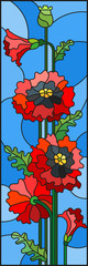Naklejki  Illustration in stained glass style with a bouquet of red  poppies on a blue background, vertical orientation