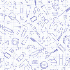 Seamless pattern on the theme of the Barber shop, the tools and accessories of the hairdresser, a simple contour icons, blue  contour  icons on the clean writing-book sheet in a cage