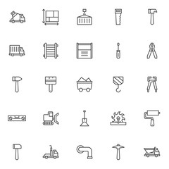 Construction outline icons set. linear style symbols collection, line signs pack. vector graphics. Set includes icons as concrete mixer truck, blueprint, cargo container loading delivery truck vehicle
