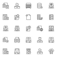 Data recovery outline icons set. linear style symbols collection, line signs pack. vector graphics. Set includes icons as transfer hard drive, cloud folder, data search, corrupt file, computer server