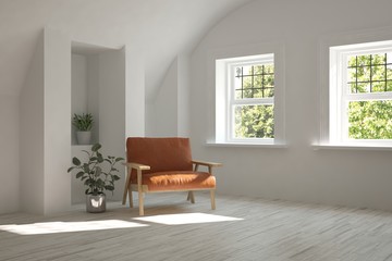 Idea of white room with armchair and summer landscape in window. Scandinavian interior design. 3D illustration
