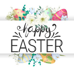 Happy easter. Easter background with colored eggs and spring flowers