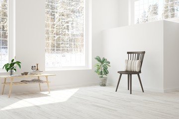 White room with chair and winter landscape in window. Scandinavian interior design. 3D illustration