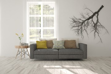 Idea of white room with sofa and summer landscape in window. Scandinavian interior design. 3D illustration