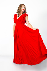 young woman in a red evening dress 