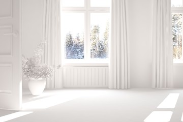 White empty room with winter landscape in window. Scandinavian interior design. 3D illustration