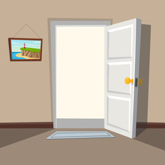 Doorway with an open white door. Welcome to the real world. Interior with an open door.