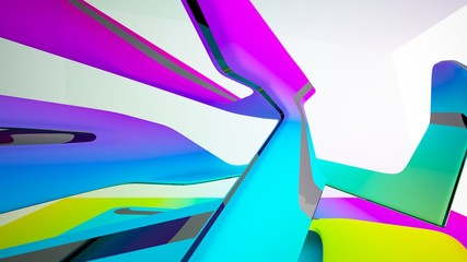 Abstract dynamic interior with black and colored gradient smooth objects. 3D illustration and rendering