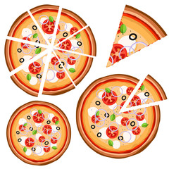 Set of icons with pizza (whole and pieces) on a white background.
