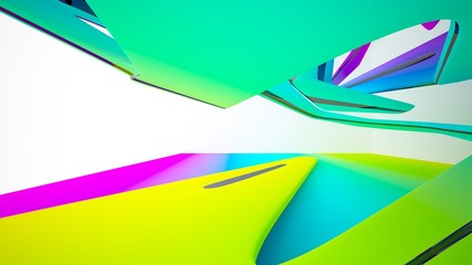 Abstract dynamic interior with black and colored gradient smooth objects. 3D illustration and rendering