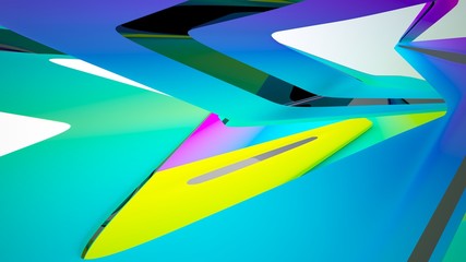 Abstract dynamic interior with black and colored gradient smooth objects. 3D illustration and rendering