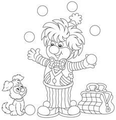 Friendly smiling circus clown juggling with balls and playing with his small dog, a black and white  vector illustration in a cartoon style for a coloring book
