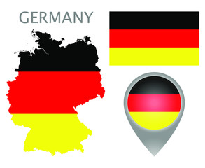 Colorful flag, map pointer and map of Germany in the colors of the German flag. High detail. Vector illustration