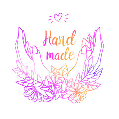 Pink and yellow gradient lettering logo hand made with hands, leaves and flowers on the white background