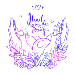 Blue and violet gradient lettering logo hand made soap with hands, bubbles, leaves and flowers on the white background