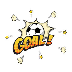 Goal word with football ball in cartoon or comic book style. Vector illustration.