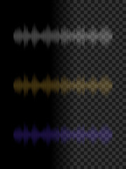 Different color sound waves on dark transparent background. Vector audio technology illustration.