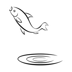 Black symbol fish jumped out of the water isolated on white background. Design element for logo, label, emblem, sign, brand mark. Vector illustration.