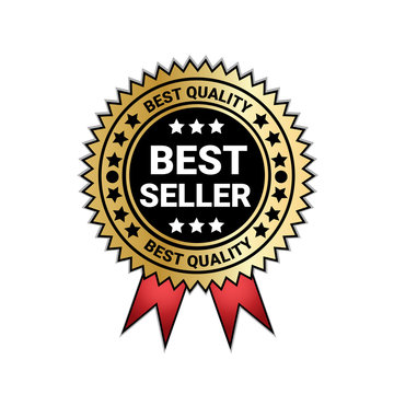 Best Seller And Quality Medal Golden Seal With red Ribbon Decoration Vector Illustration