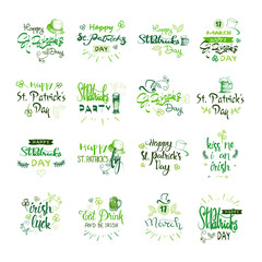 Happy Saint Patrick's Day Logotypes Set, Hand Sketch Irish Celebration Design, Lettering Typography Icons Collection Vector Illustration