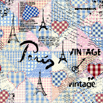 Seamless background pattern. Imitation of a vintage scrapbook collage with a Paris lettering. Vector image.