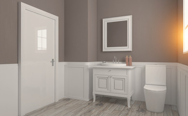 Fototapeta na wymiar Spacious bathroom in gray tones with heated floors, freestanding tub. 3D rendering. Sunset