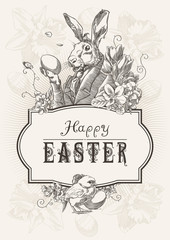 Vintage easter postcard with rabbit, with little chicken and flowers