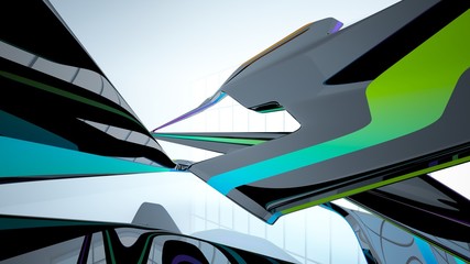 Abstract dynamic interior with black and colored gradient smooth objects. 3D illustration and rendering