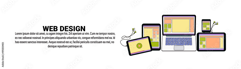 Poster web design development concept horizontal banner with copy space vector illustration