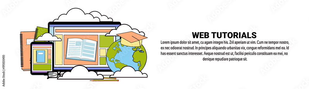 Poster web tutorial education concept horizontal banner with copy space vector illustration