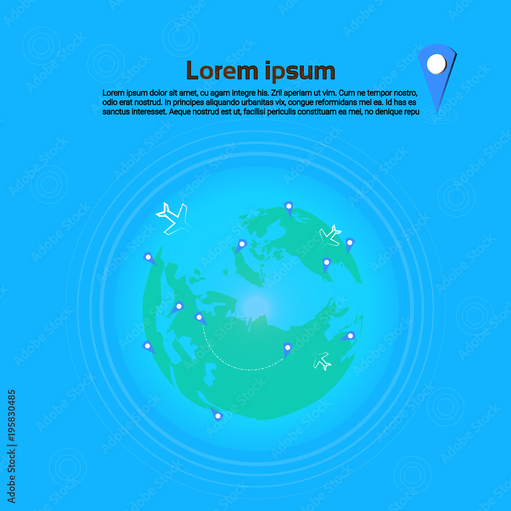 Poster planes flying over world map with pointers travel destinations concept template banner flat vector i