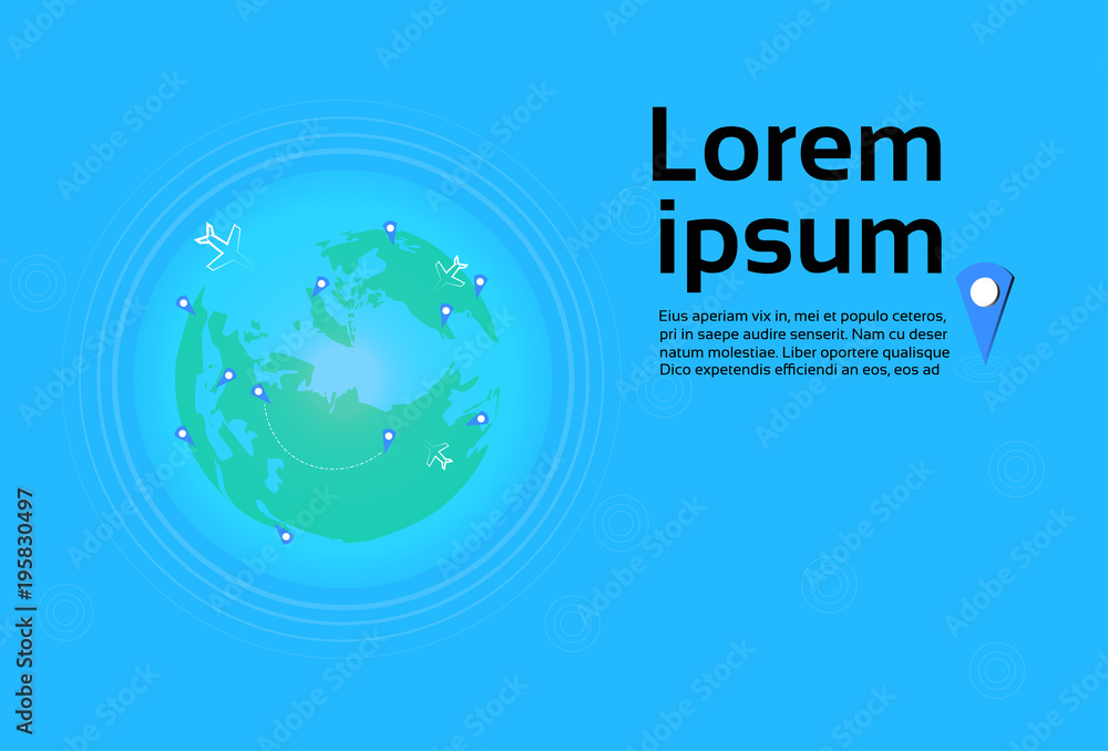 Poster planes flying over world map with pointers travel destinations concept template banner flat vector i