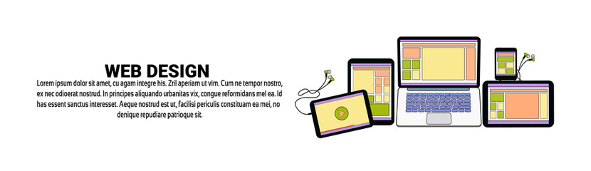 Web Design Development Concept Horizontal Banner With Copy Space Vector Illustration