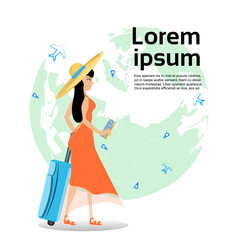 Girl Traveler Holding Suitcase And Ticket Over World Map Background With Copy Space Flat Vector Illustration