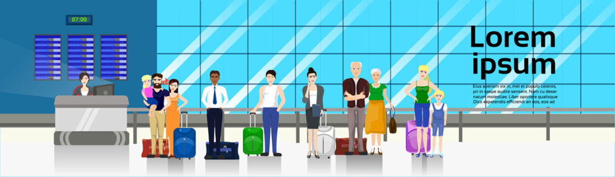 People with Baggage Standing In Line To Counter In Airport For Check In Horizontal Banner Flat Vector Illustration