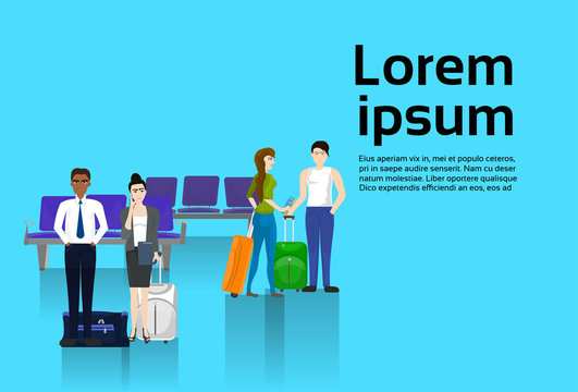 People Trevelers With Luggage Waiting For Departure In Airport Template Background With Copy Space Flat Vector Illustration