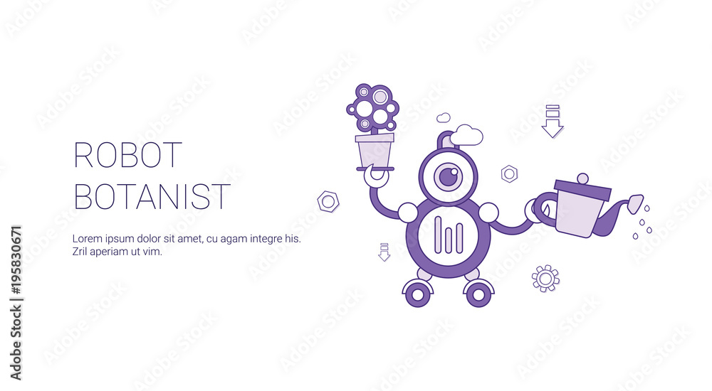 Poster Robot Botanist Template Web Banner With Copy Space Vector Illustration