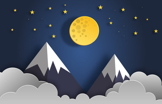 Paper art style of landscape at night with moon, stars, and mountains flat-style vector illustration.