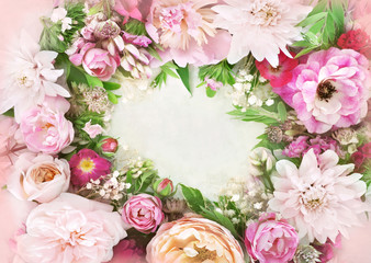 Summer blossoming delicate roses on blooming flowers festive background, pastel and soft bouquet floral card, selective focus, toned