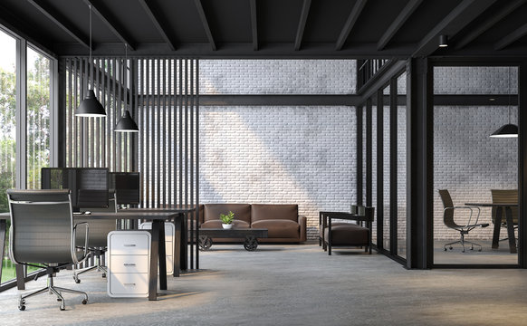 Industrial loft style office 3d render.There are white brick wall,polished concrete floor and black steel structure.Furnished with dark brown and black  leather furniture.