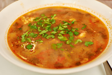 Kharcho soup with meat and rice on the plate