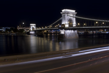 Chain bridge in Budapest city, capital of Hungary. Night scene with long exposure