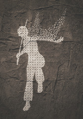 Fototapeta premium Kung Fu martial art silhouette of woman textured by lines and dots pattern in sword fight pose. Particles emission