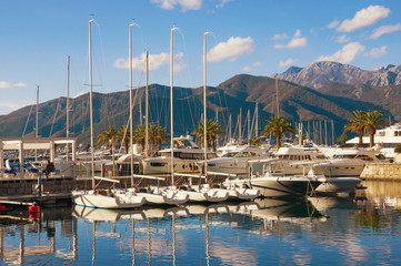 Fototapeta na wymiar View of Porto Montenegro - full service yacht marina in the Adriatic. Tivat city, Montenegro