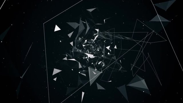 fly during network connections between nodes - dots 4k animation flight in geometric abstraction with dots lines and triangles