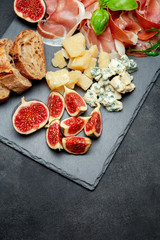 Italian prosciutto crudo or spanish jamon, cheese, figs and bread